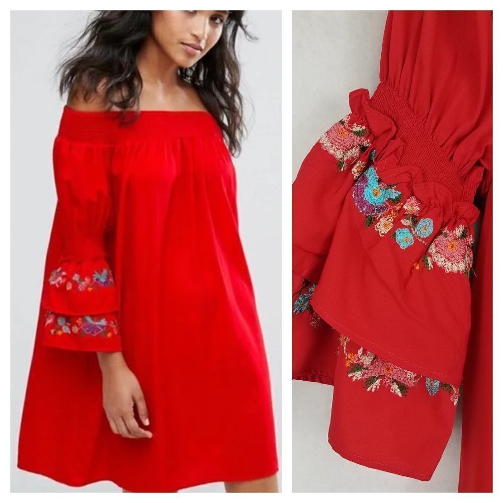 RAGE Size 18 Off-Shoulder Mini Tunic Dress With Embroidered Sleeves in Red